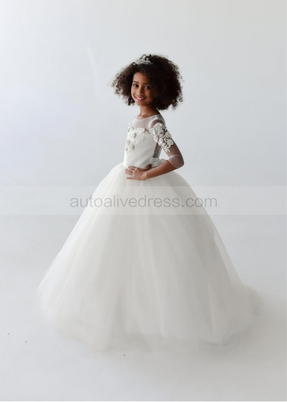 Three Quarter Sleeve Ivory Lace Tulle Sheer Back Floor Length Flower Girl Dress